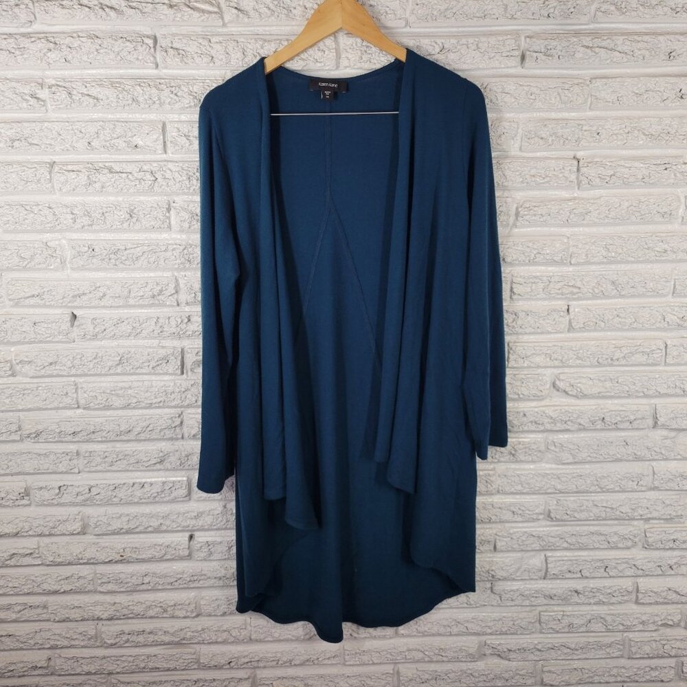 Karen Kane Cardigan 1X Plus Blue Green Open Front Knit Long Sleeve Womens GRE33E